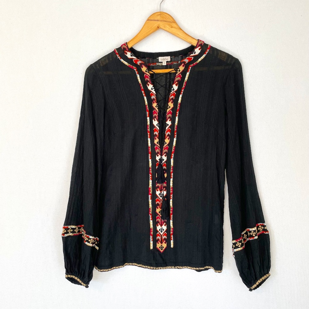 TALITHA Women’s Small Embroidered Pop Over Tunic Top Black Gauzy 100% Cotton